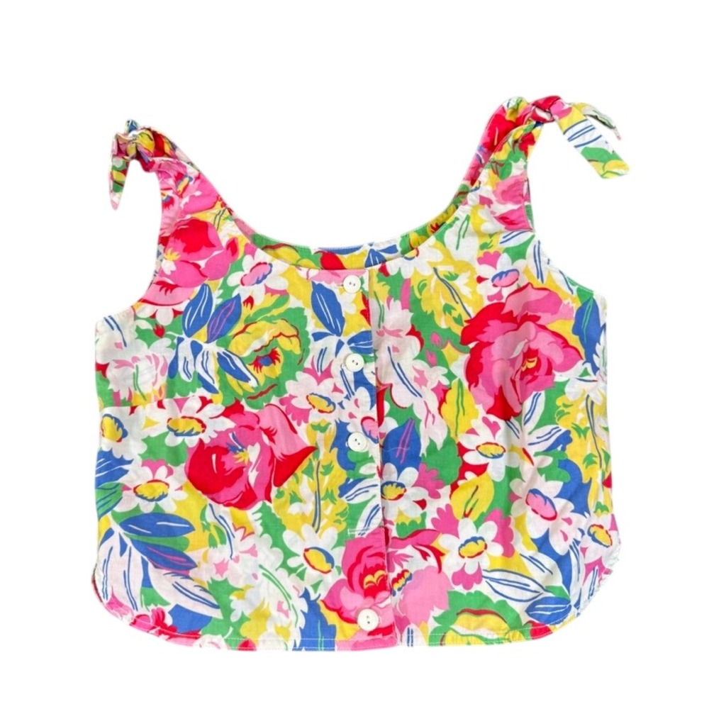 Lanz Originals Vintage Floral Crop Top Button Front Tie Strap Cotton Sz 7/8